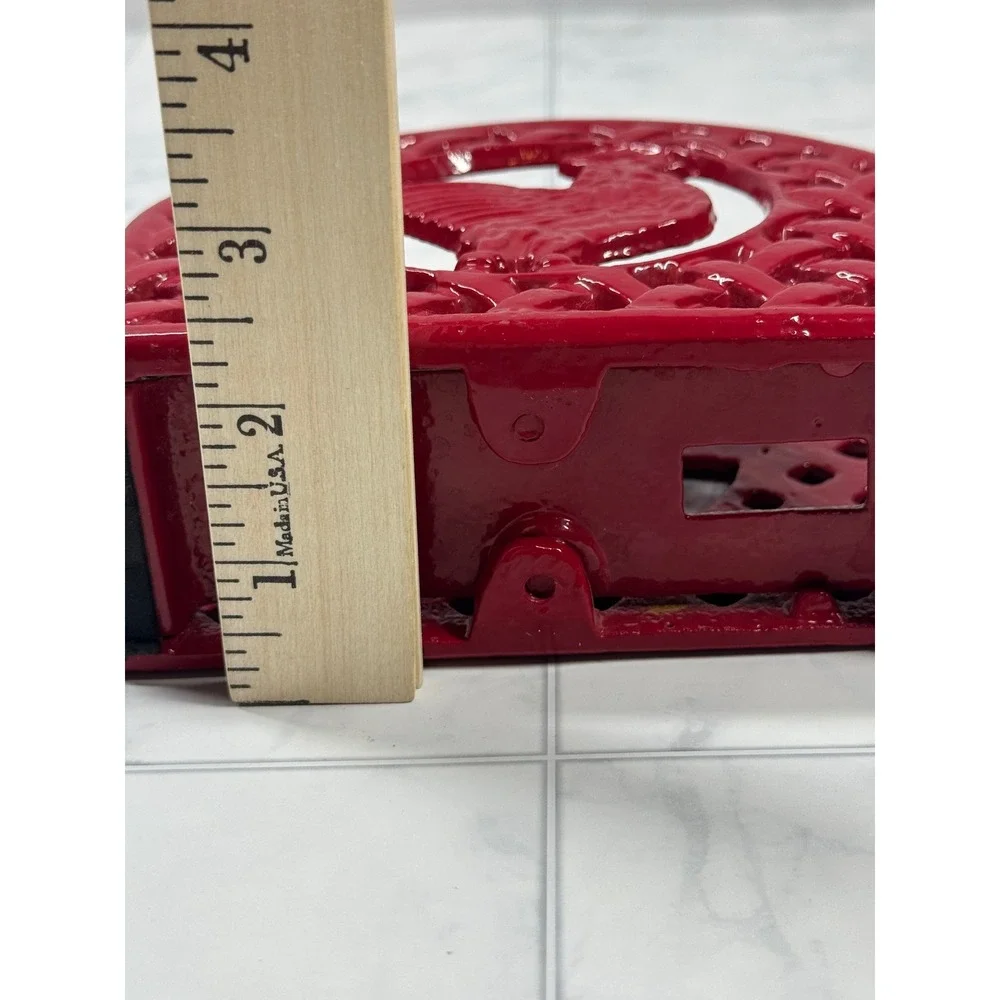 Vintage Red Cast Iron Rooster Napkin Holder Farmhouse Lattice Basketweave Red